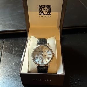NWT Anne Klein Black Leather watch band and fake diamond face. Women’s watch